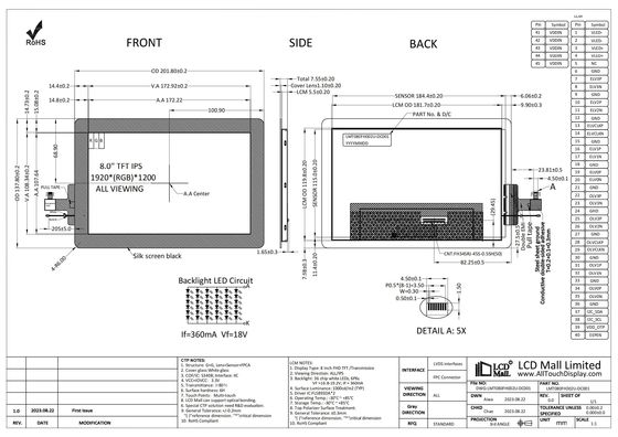 스마트 8' FHD TFT LCD CTP 디스플레이 1920*1200 LCD 화면 IPS 1000nits LVDS 인터페이스